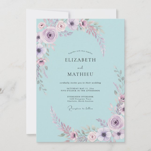 Convites Casamento Lilás Água-Ranúnculo Eucalipto (Frente)