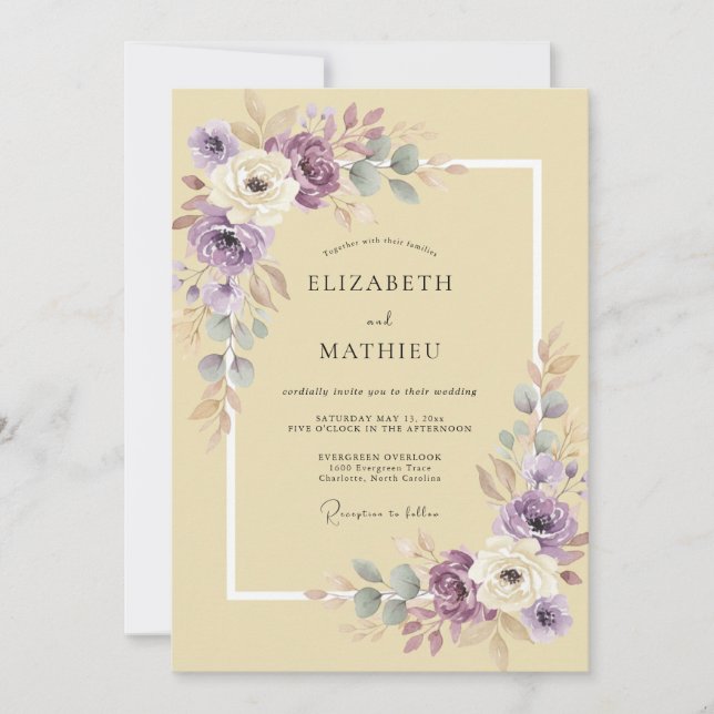 Convites Casamento Lilás Amarelo Ranunculus Eucalipto Suave (Frente)