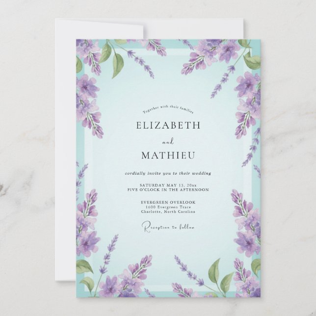 Convites Casamento Lilás Aquático de Wisteria (Frente)