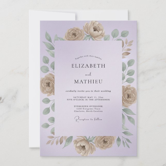 Convites Casamento Lilás Champanhe Ranunculus Eucalipto (Frente)