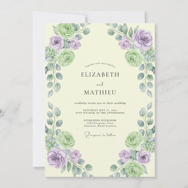 Convites Casamento Lilás Creme Antigo Ranunculus Eucalipto (Frente)