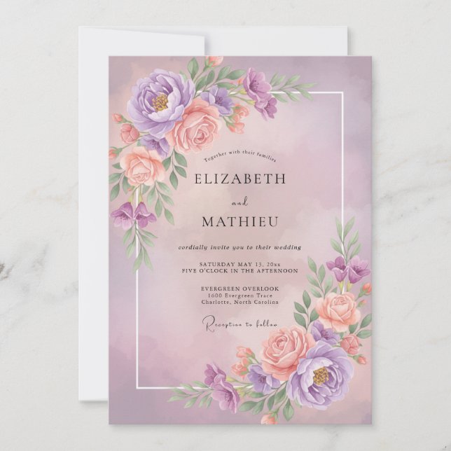 Convites Casamento Lilás Damasco Ranunculus Eucalipto Cinza (Frente)