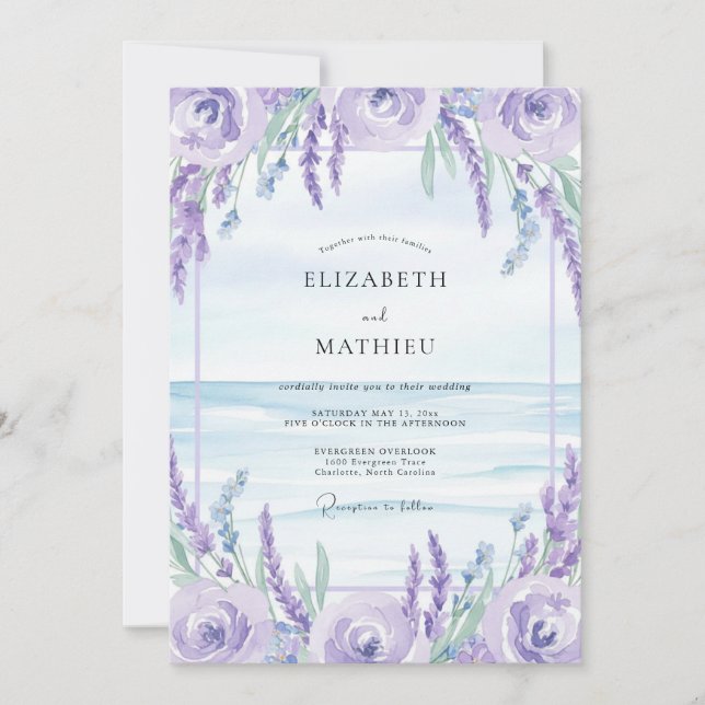 Convites Casamento Lilás de Wisteria à Beira-Mar (Frente)