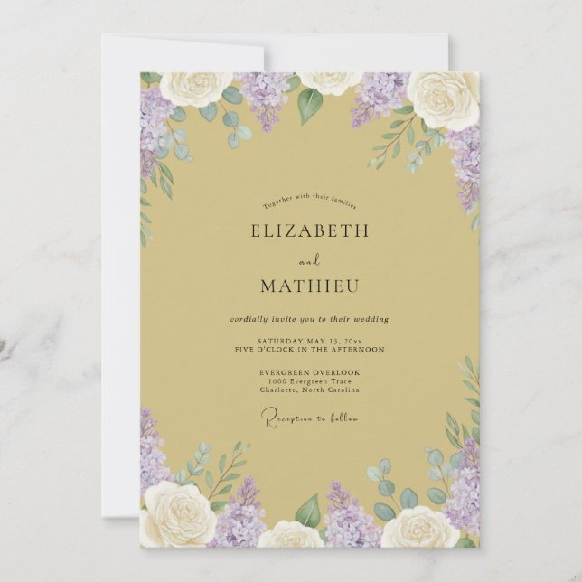 Convites Casamento Lilás Dourado Wisteria (Frente)