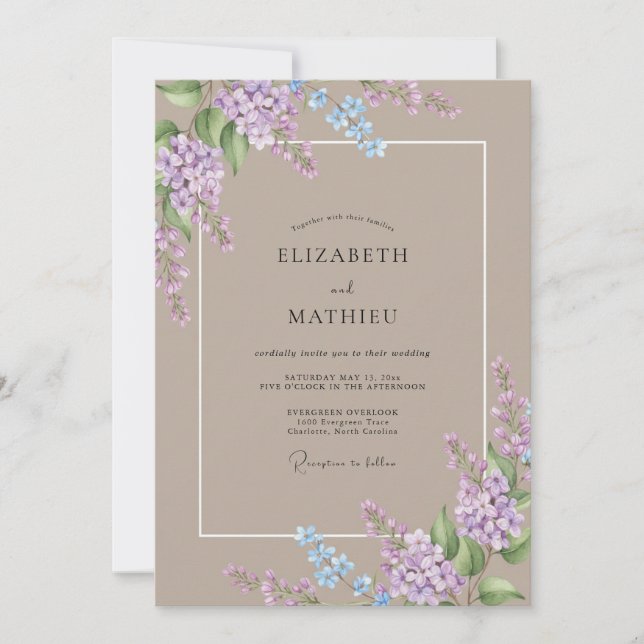 Convites Casamento Lilás Elegante Taupe (Frente)
