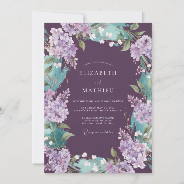 Convites Casamento Lilás Eucalipto Teal Ameixa (Frente)