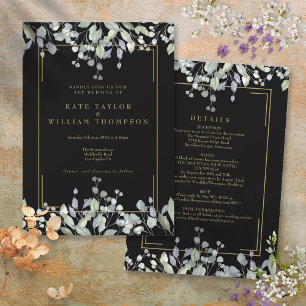 Convites Casamento Lilás Floral Preto e Dourado Tudo em Um