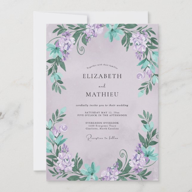 Convites Casamento Lilás Hortelã Wisteria (Frente)