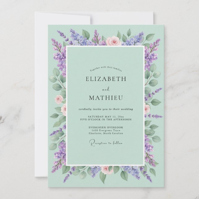 Convites Casamento Lilás Hortênsia Menta (Frente)
