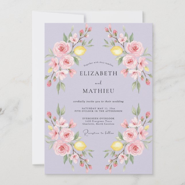 Convites Casamento Lilás Limão Cítrico Eucalipto (Frente)