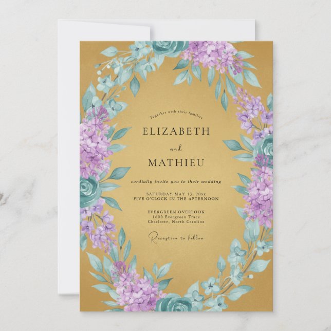 Convites Casamento Lilás Luxuoso Dourado (Frente)