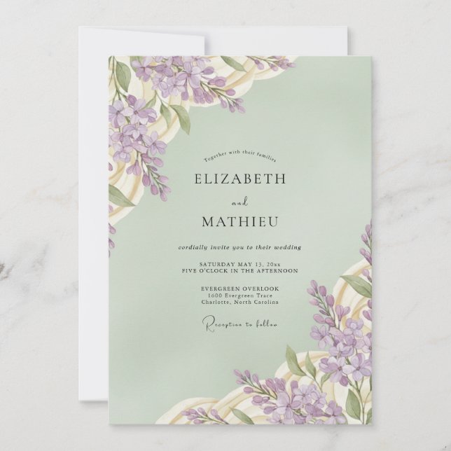Convites Casamento Lilás Luxuriante Verde Salvia (Frente)