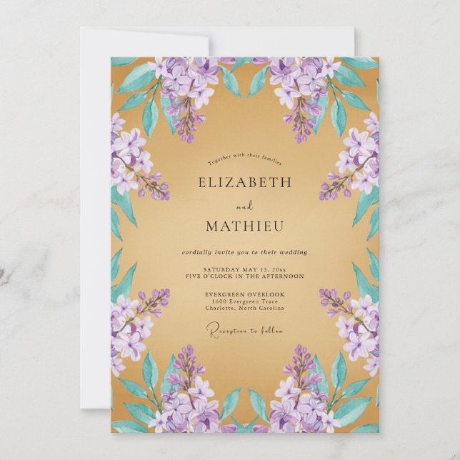 Convites Casamento Lilás Majestoso Dourado (Frente)