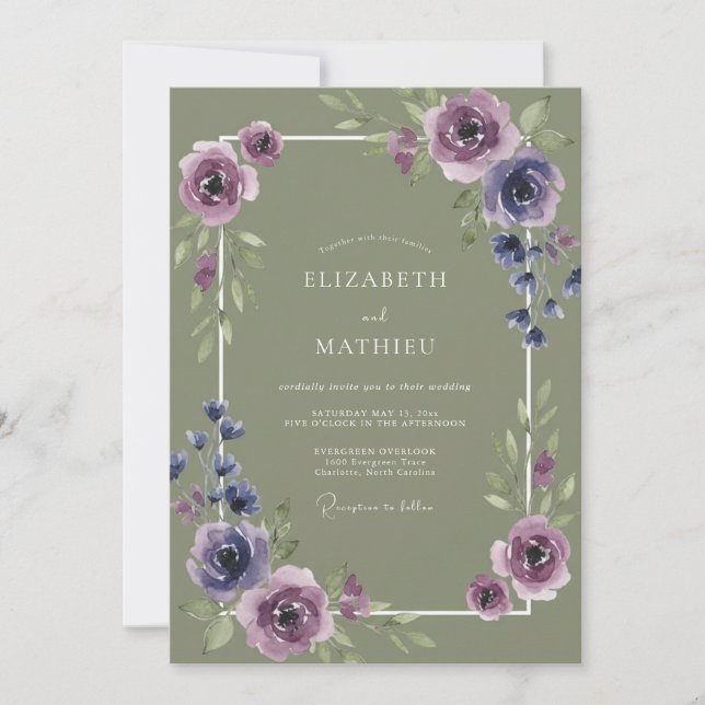 Convites Casamento Lilás Oliva Ranunculus Eucalipto (Frente)