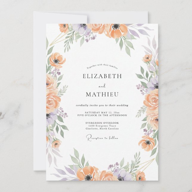 Convites Casamento Lilás Pêssego Ranunculus Eucalipto Suave (Frente)