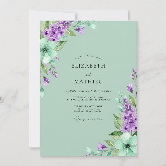 Convites Casamento Lilás Poético em Verde Menta (Frente)