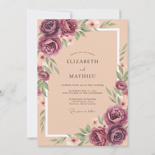 Convites Casamento Lilás Rosa Bege Ranunculus Eucalipto (Frente)