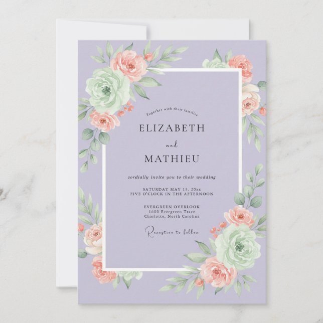 Convites Casamento Lilás Rosa Peônia (Frente)