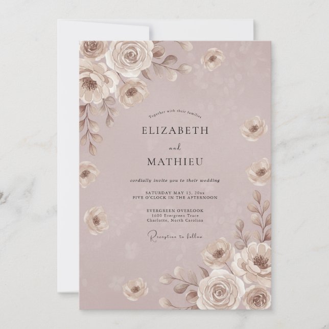 Convites Casamento Lilás Rosa Taupe Peônia (Frente)