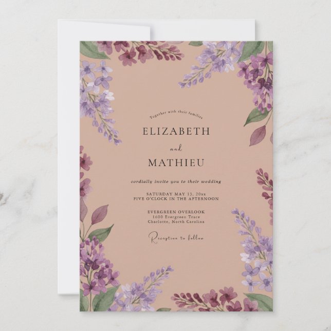 Convites Casamento Lilás Roxo Eucalipto Meadow Muted (Frente)