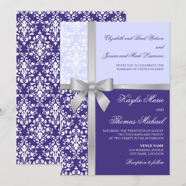 Convites Casamento Lilás Roxo Fita Prata Falso Damasco (Frente/Verso)