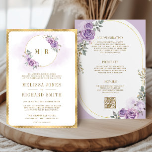 Convites Casamento Lilás Roxo Floral Dourado Tudo em Um