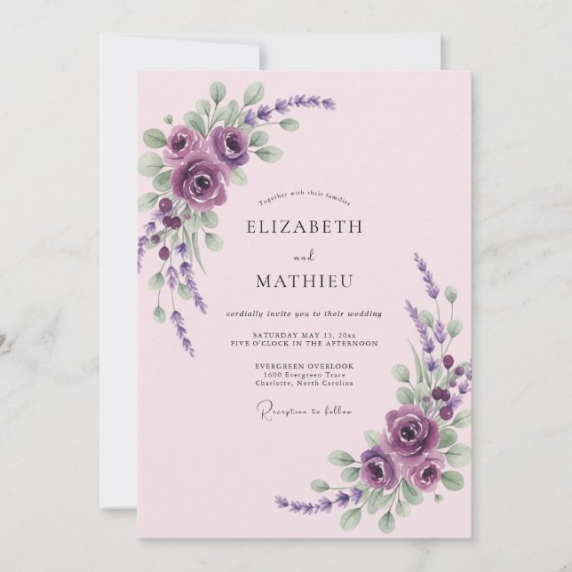 Convites Casamento Lilás Roxo Lavanda Eucalipto (Frente)