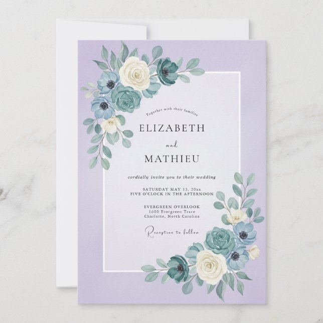 Convites Casamento Lilás Turquesa Ranunculus Eucalipto (Frente)