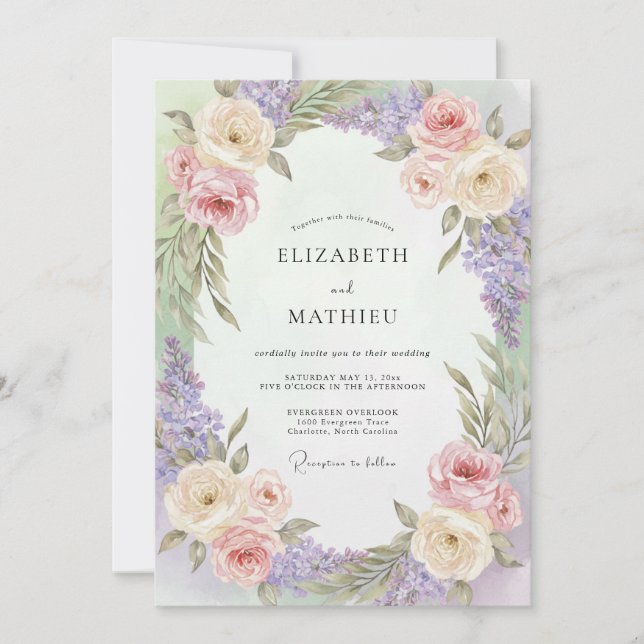 Convites Casamento Lilás Wisteria Creme Suave (Frente)