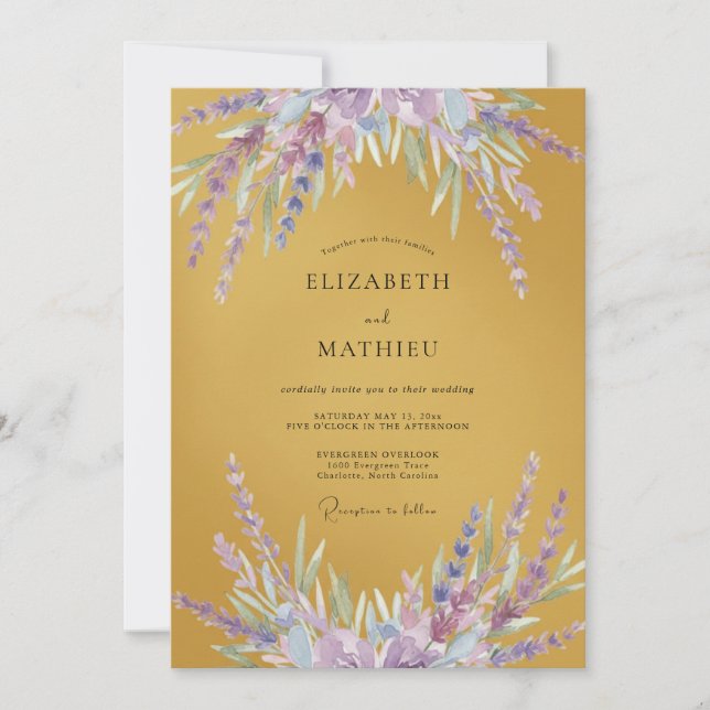 Convites Casamento Lilás Wisteria Mostarda (Frente)