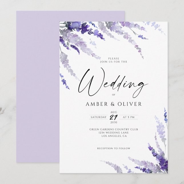 Convites Casamento Lilático Púrpura Roxo-Lavanda Floral (Frente/Verso)