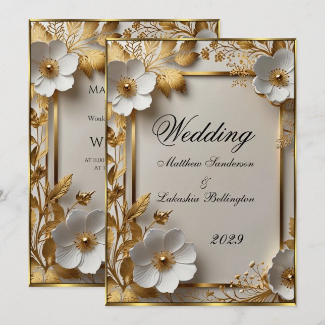 Convites Casamento Lindas flores brancas Douradas Modernas (Frente/Verso)
