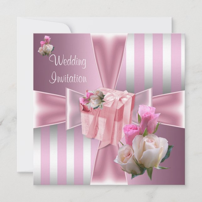 Convites Casamento Lindo Cetim Rosa Listra Prata Laço (Frente)