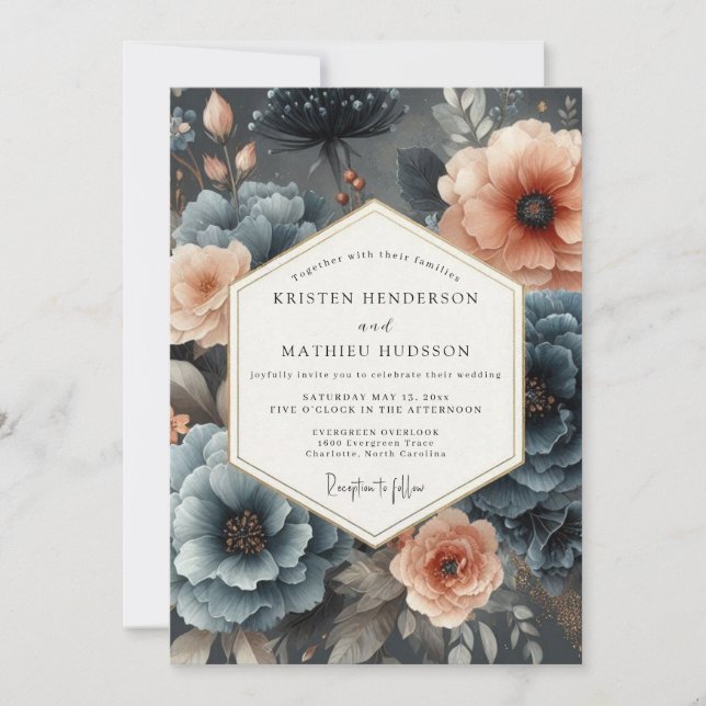 Convites Casamento Lírico em Slate Peach (Frente)