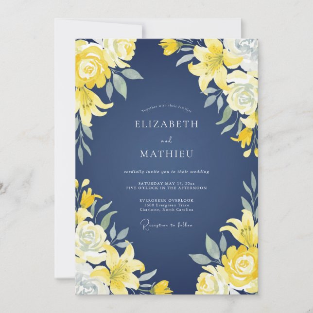 Convites Casamento Lírio Amarelo Marinho (Frente)
