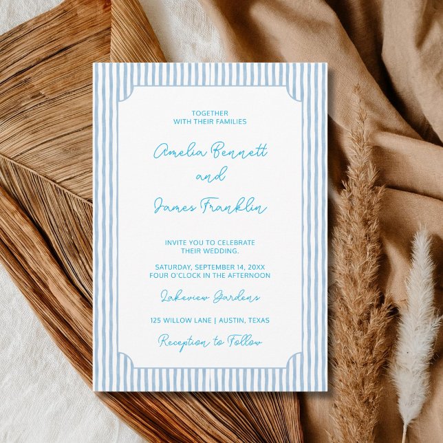 Convites Casamento Listrado Azul Aquarela Clássico Casament (Criador carregado)