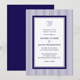 Convites Casamento Listrado Azul Escuro Monograma Elegante