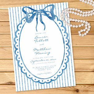 Convites Casamento Listrado com Laço de Aquarela Azul Capri
