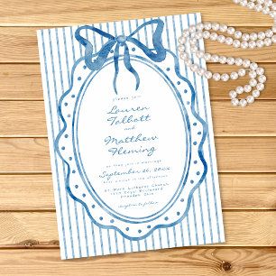 Convites Casamento Listrado com Laço de Aquarela Azul Capri