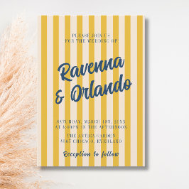 Convites Casamento Listrado de Azul Meia-Noite e Bege Suave