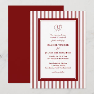Convites Casamento Listrado de Monograma Elegante Vermelho