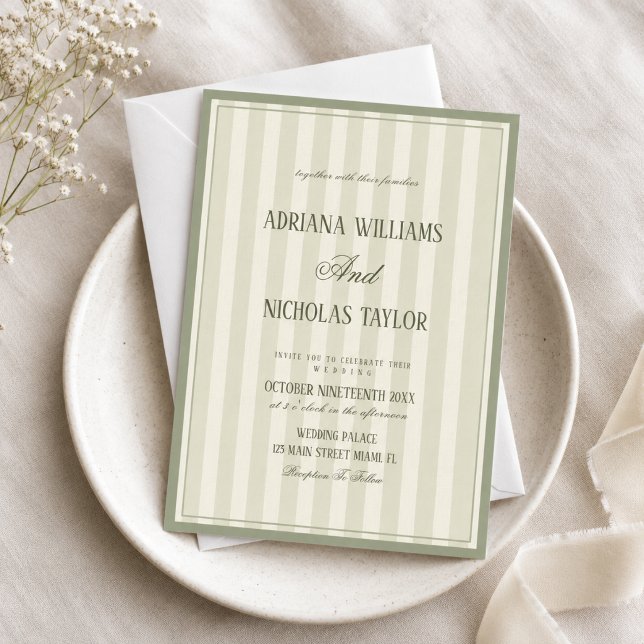 Convites Casamento Listrado de Verde Pastel Elegante (Criador carregado)