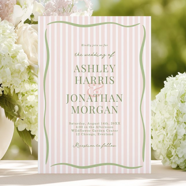 Convites Casamento Listrado em Rosa e Sage Retrô (Criador carregado)