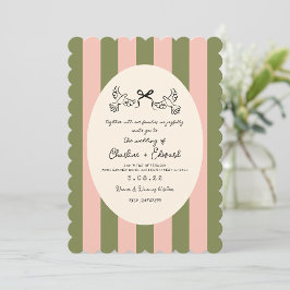 Convites Casamento Listrado Verde Rosa Desenhado à Mão