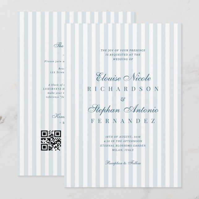 Convites Casamento Listras Azuis Roteiro Luxo Atemporal (Frente/Verso)