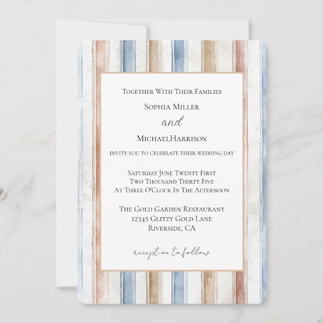 Convites Casamento Listras Bege Creme Azul Bonito (Frente)