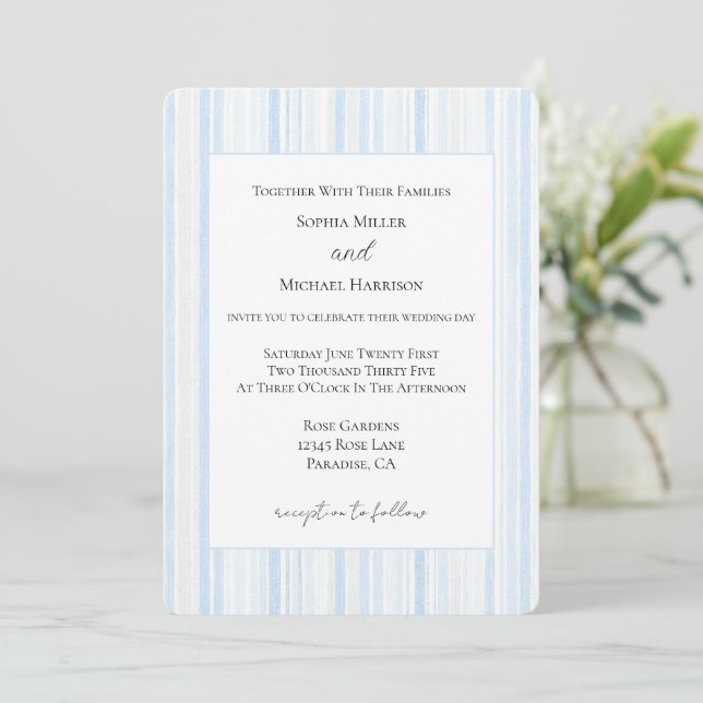 Convites Casamento Listras Brancas Azul Claro (Em pé/Frente)