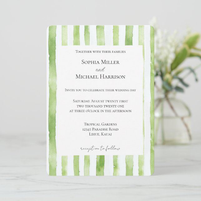 Convites Casamento Listras Brancas Verde Tropical (Em pé/Frente)