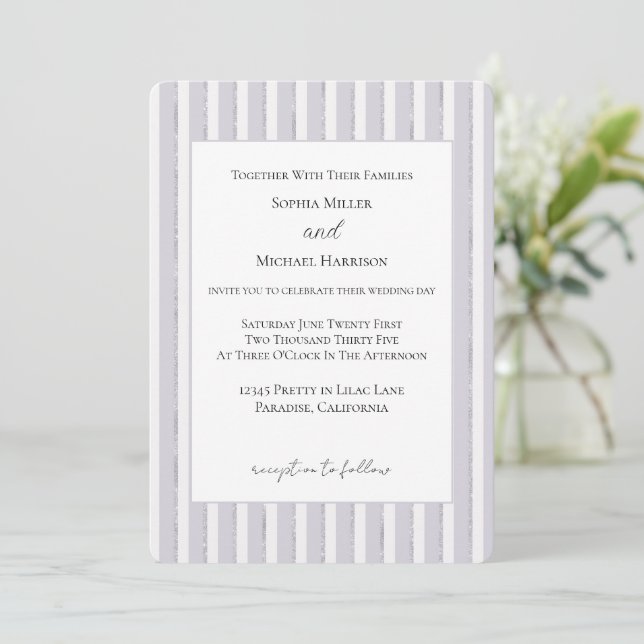 Convites Casamento Listras Brilho Glitter Lilás Roxo (Em pé/Frente)