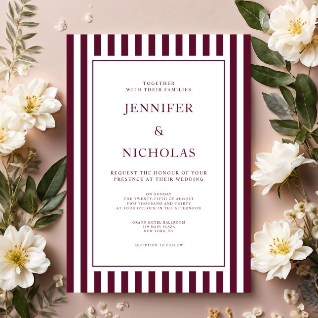 Convites Casamento Listras Burgundy Clássico (Classic Burgundy Stripes Wedding Invitation)